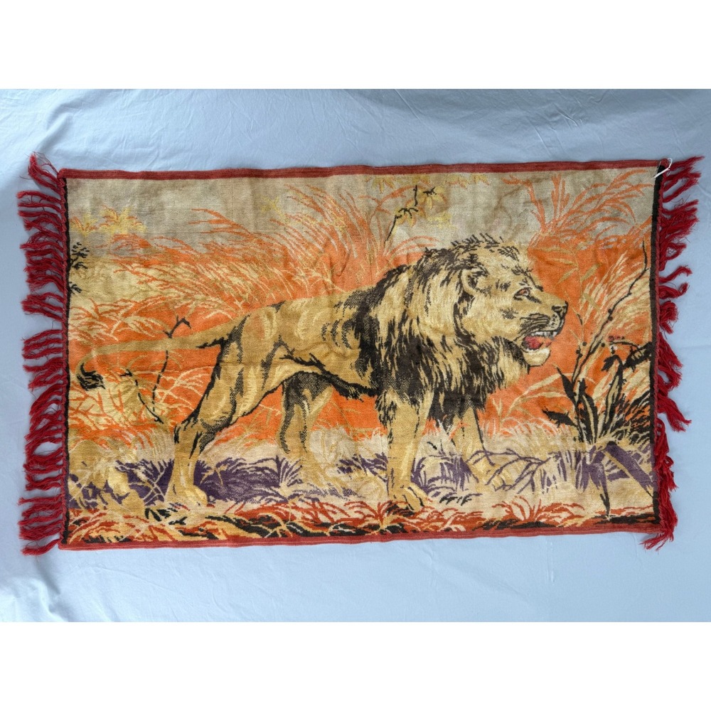 Vintage Lion Tapestry Wall Hanging Orange Jungle Wildlife Fringe 40x23
